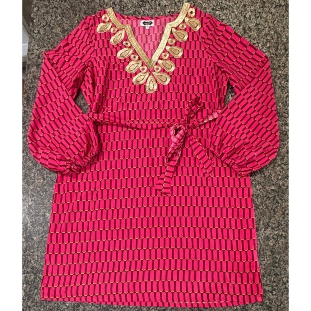 Mud Pie Pink Gold Geometric Embroidered V-Neck Balloon Sleeve Tunic Dress Large‎